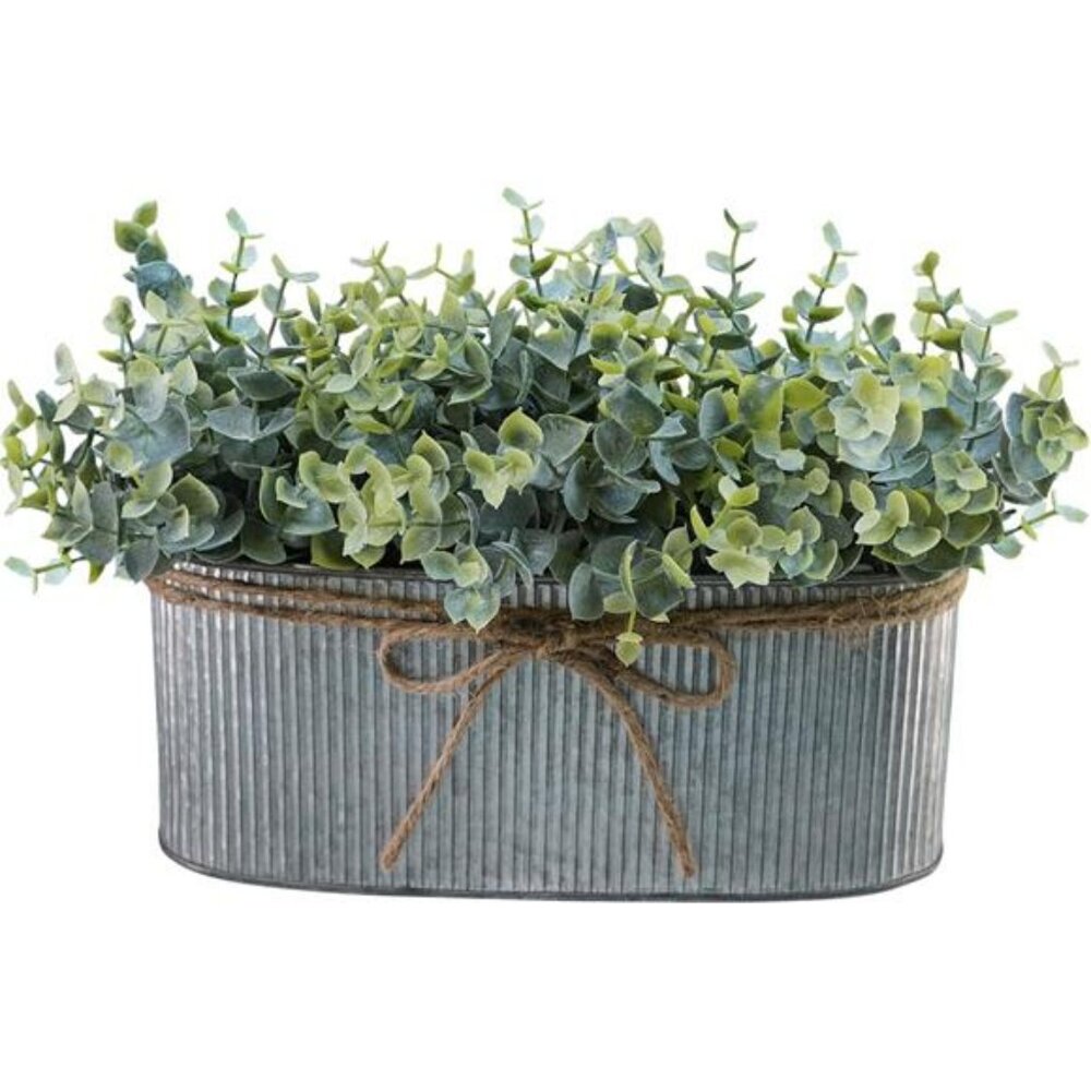 Artificial eucalyptus arrangement rustic galvanized planter farmhouse table deco